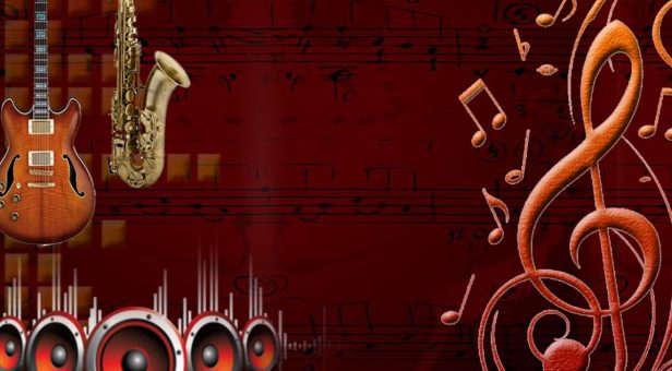Relaxation Through Musical Instruments Concept - Image Showing Musical Symbols and Musical Instruments In A Dark Brown Background.