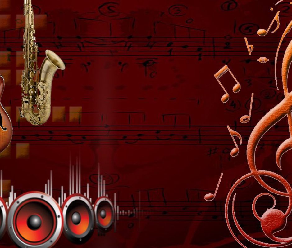 Relaxation Through Musical Instruments Concept - Image Showing Musical Symbols and Musical Instruments In A Dark Brown Background.